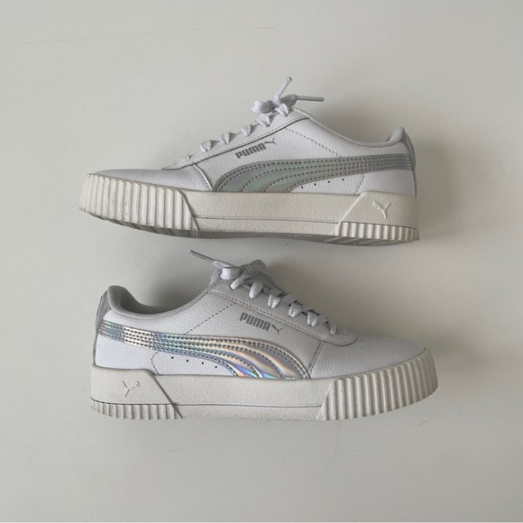 Puma Carina Sneaker Leather Platform Shoes in White / Silver, Size 6.5 - Picture 3 of 11